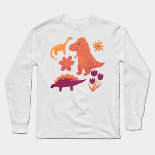 Dinos & Flowers in Orange Long Sleeve T-Shirt